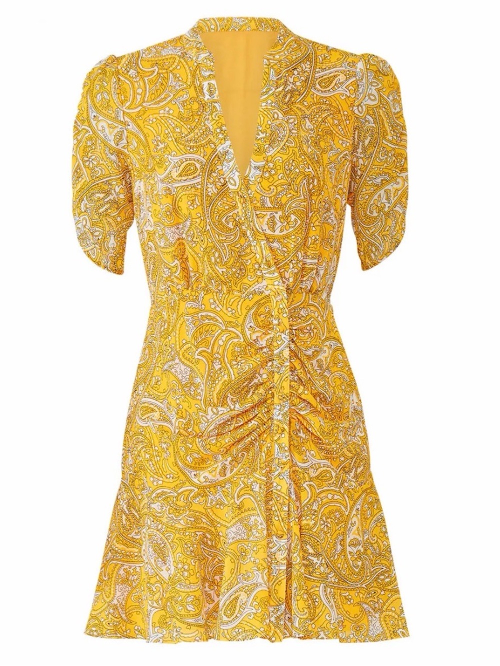 Jay Godfrey Yellow Paisley Print Mini Dress Front Button Down Coquette Bright
